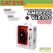 CATEYE Cycling Front/Rear Lights AMPP200 + ViZ100 Set Rechargeable USB-C IPX4