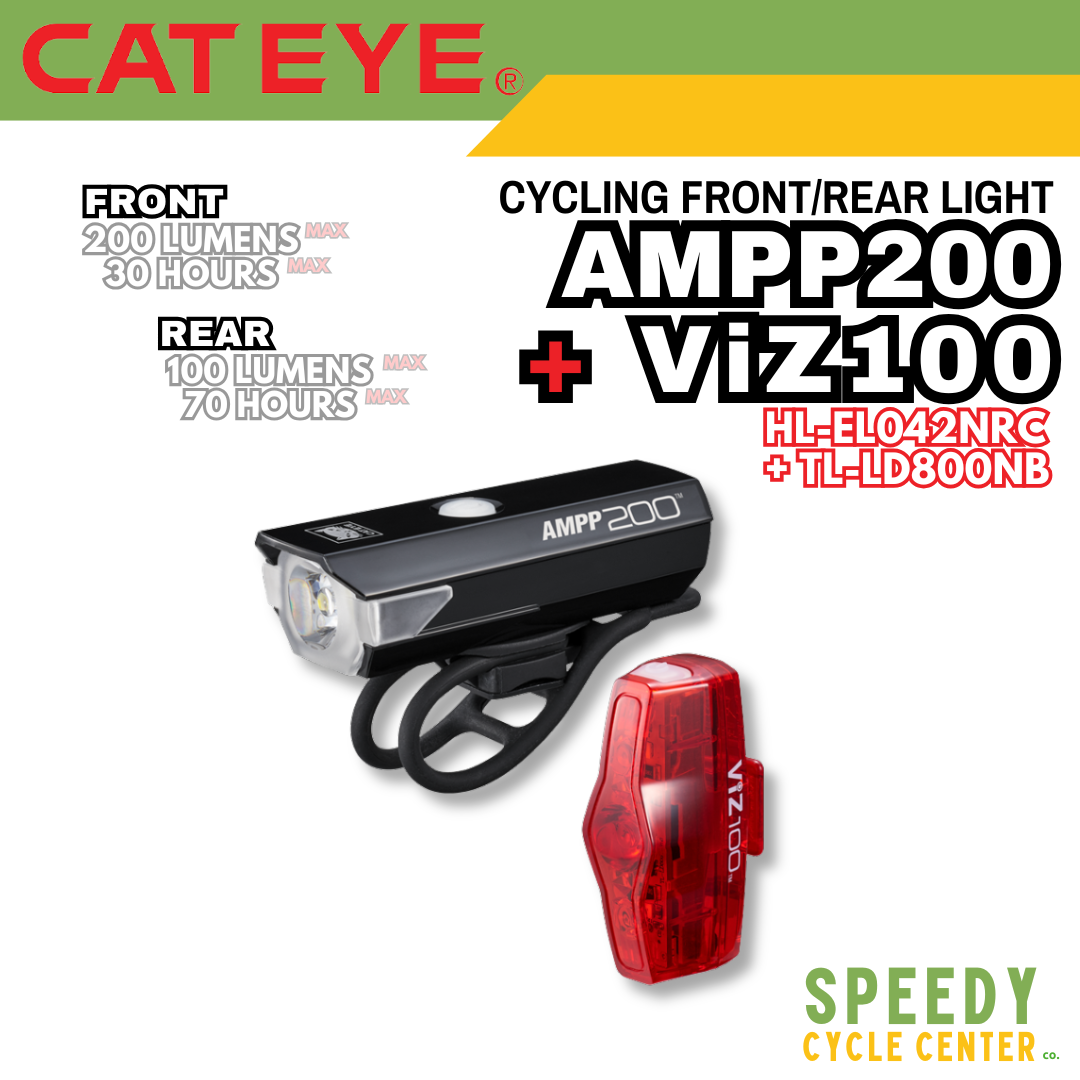 CATEYE Cycling Front/Rear Lights AMPP200 + ViZ100 Set Rechargeable USB-C IPX4
