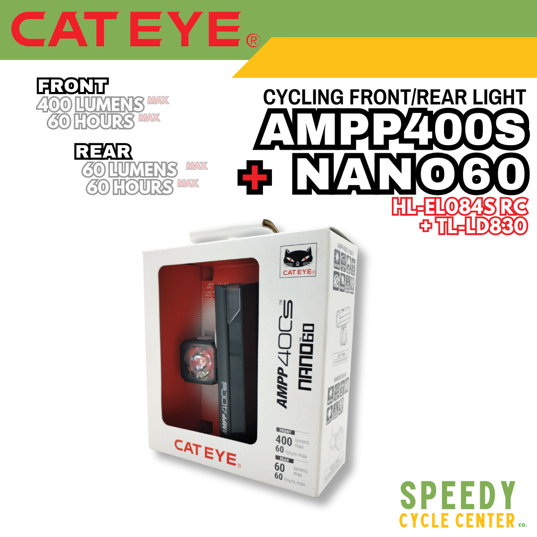CATEYE Cycling Front/Rear Lights AMPP400S + NANO60 Set Rechargeable USB-C IPX4